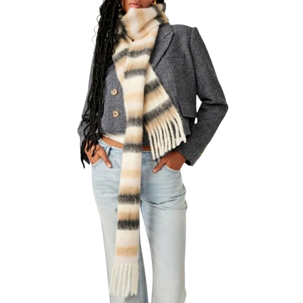 FREE PEOPLE Sweet Valley Striped‎ Fringed Skinny Scarf In Earth Women's Size OS